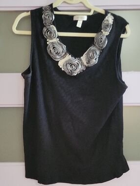 Dressbarn Black Tank with Silver Rose Trim